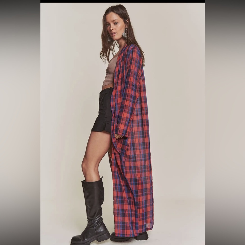 166. Plaid long length maxi cardigan shirt in red